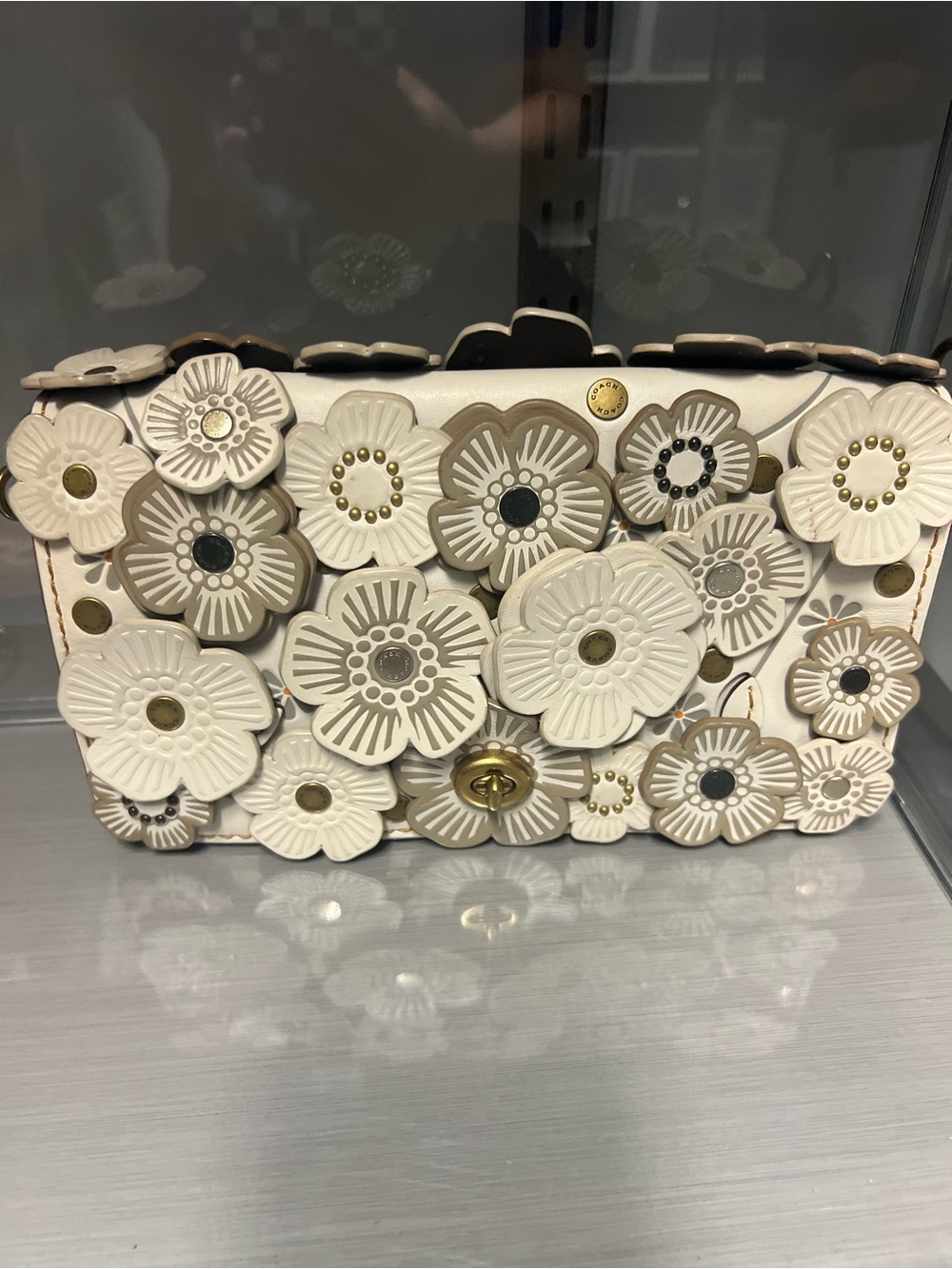 Coach Tea Rose Dinky 24 Chalk Ivory Leather Floral Appliqué